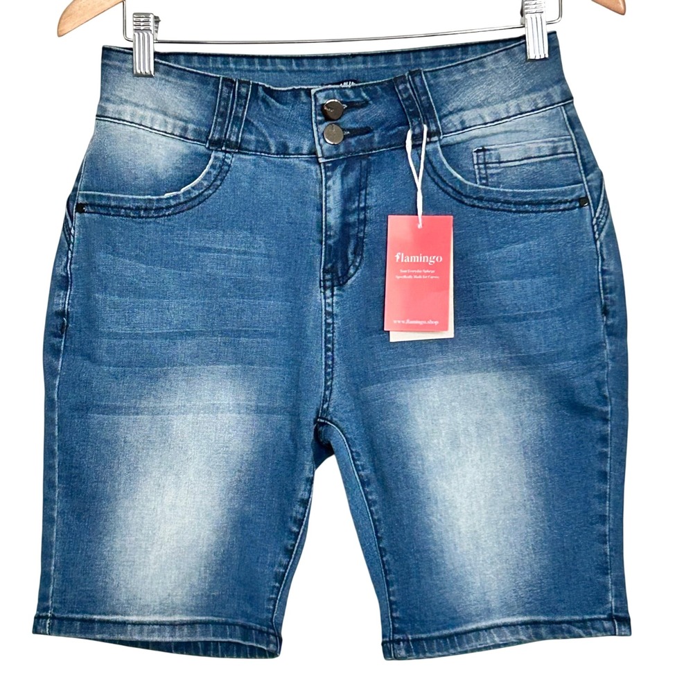 NWT Flamingo Women's Size M High Waisted Denim Bermuda Shorts Blue Stretch